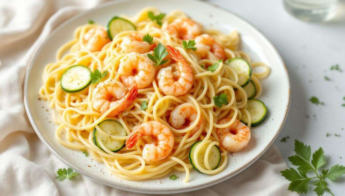 Recette rapide : pâtes aux crevettes et courgettes