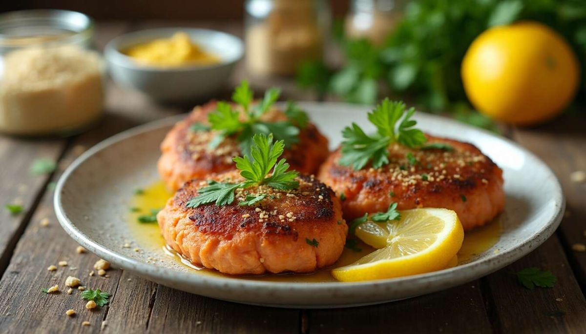 Des croquettes de saumon au persil accompagnées d'une sauce moutarde-citron légère