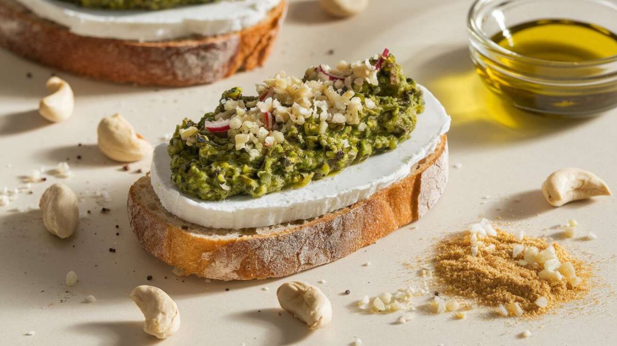 Une tartine de fromage au pesto de fanes de radis à savourer sans modération
