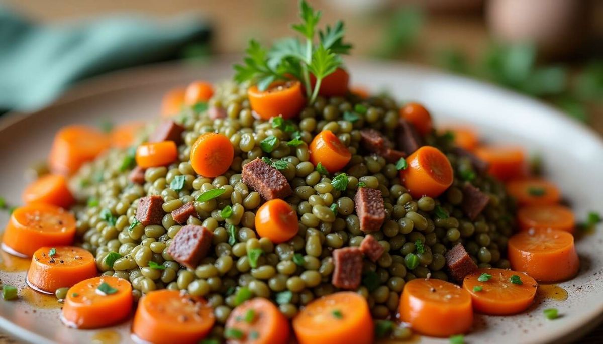 Une salade de lentilles, carottes et lardons à savourer
